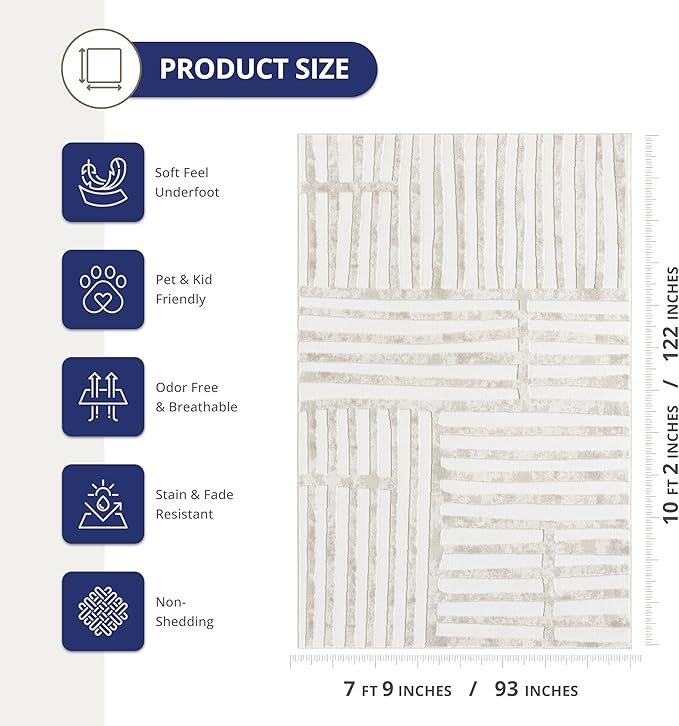 Abani Beige Area Rug - 8' x 10' - Living Room & Bedroom - Abstract Stripe Design - Indoor Use - Easy to Clean, Stain Resistant, Non-Shedding - Neutral Collection