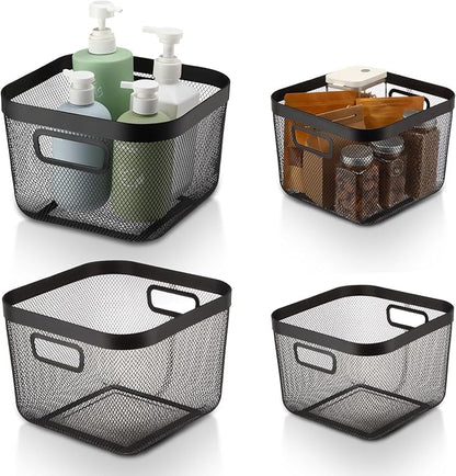 4 Pack Metal Mesh Basket with Hollow Handles Black Wire Storage Bin for Organizing Stackable Metal Fine Mesh Basket for Pantry Bathroom Kitchen Cabinets Shelves (Medium and Large)