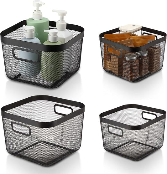 4 Pack Metal Mesh Basket with Hollow Handles Black Wire Storage Bin for Organizing Stackable Metal Fine Mesh Basket for Pantry Bathroom Kitchen Cabinets Shelves (Medium and Large)
