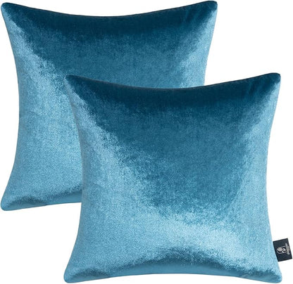 Phantoscope Pack of 2 Velvet Decorative Throw Pillow Covers Soft Solid Square Cushion Case for Couch Shiny Blue 18 x 18 inches 45 x 45 cm