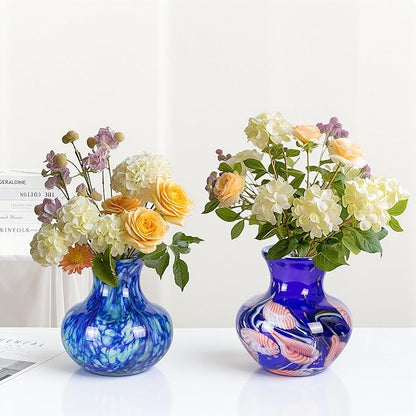 Glass Vases for Flower, Unique Hand Blown Blue Glass Vase, Modern Art Decorative for Home Living Room, Office, Table centerpieces, Bookshelves and Wedding Decorations (JG55)