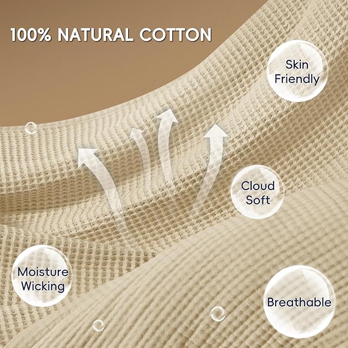 PHF 100% Cotton Waffle & Muslin Blanket King Size, Soft Breathable Luxury 400GSM Versatile Reversible Bedding for Bed, Great for Layering in Cold Weather, Home Decor Gift, 104" x 90", French Oak