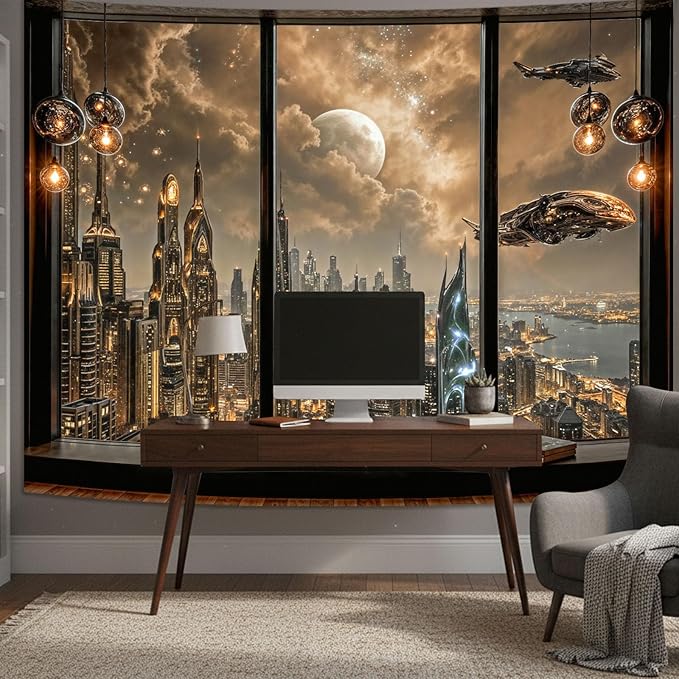 Lifeel Cyberpunk City Tapestry, Future Skyline Aesthetic Window Tapestries for Home Decor Game Room Bedroom Living Room, 60x80 inches