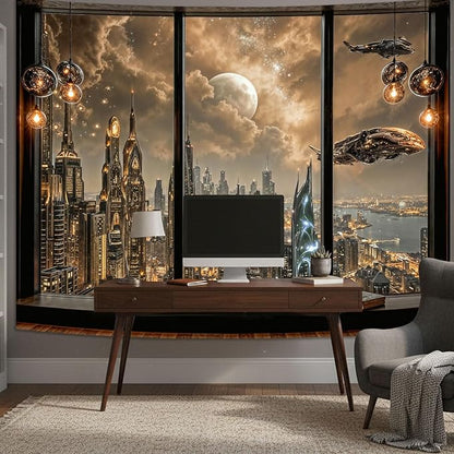 Lifeel Cyberpunk City Tapestry, Future Skyline Aesthetic Window Tapestries for Home Decor Game Room Bedroom Living Room, 36x48 inches