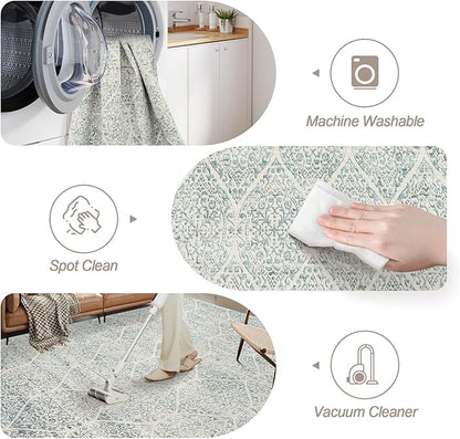 Washable Runner Rug, 2.5'x8' Vintage Kitchen Runners Non-Slip Foldable Hallway Runner Rug for Entryway, Laundry, Bedroom, Light Blue