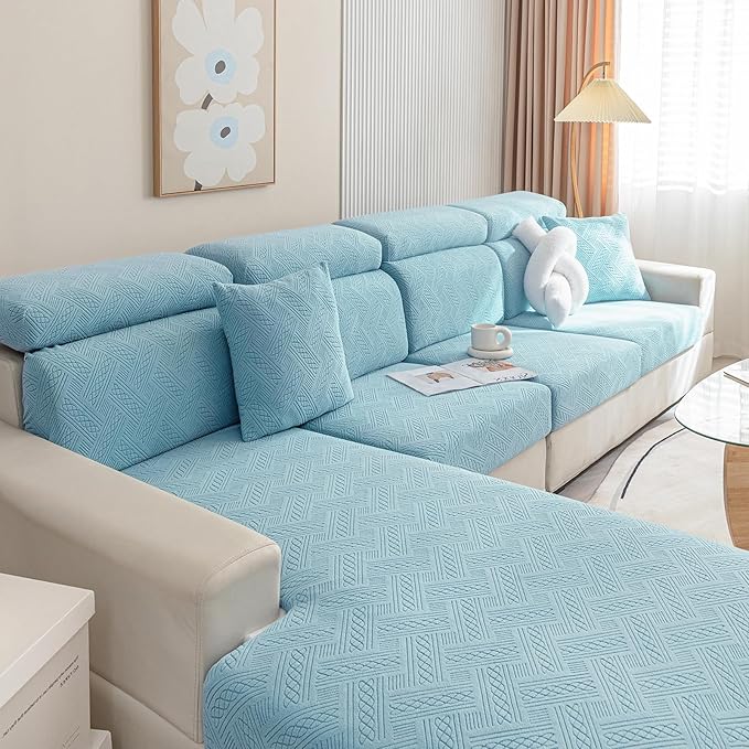 hyha Individual Couch Cushion Covers, Stretch Magic Sofa Seat Cushion Covers Washable, Dog Couch Sofa Slipcover for Pets, Kid with Elastic Bottom(2PC, Lake Blue)
