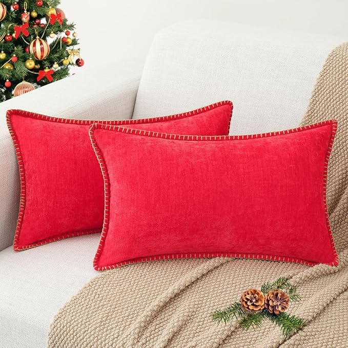 decorUhome Spring Chenille Soft Throw Pillow Covers 12x20 Set of 2, Lumbar Velvet Farmhouse Neutral Decorative Pillow Covers with Stitched Edge for Couch Sofa Bed Home Decor, Christmas Red