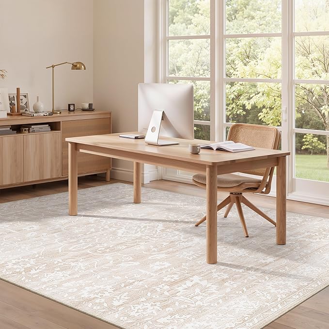 Area Rugs 4x6 for Living Room, Stain Resistant Neutral Washable Rugs for Dining Room, Kitchen, Floral Vintage Non-Slip Area Rug Farmhouse 4x6 Beige Rug