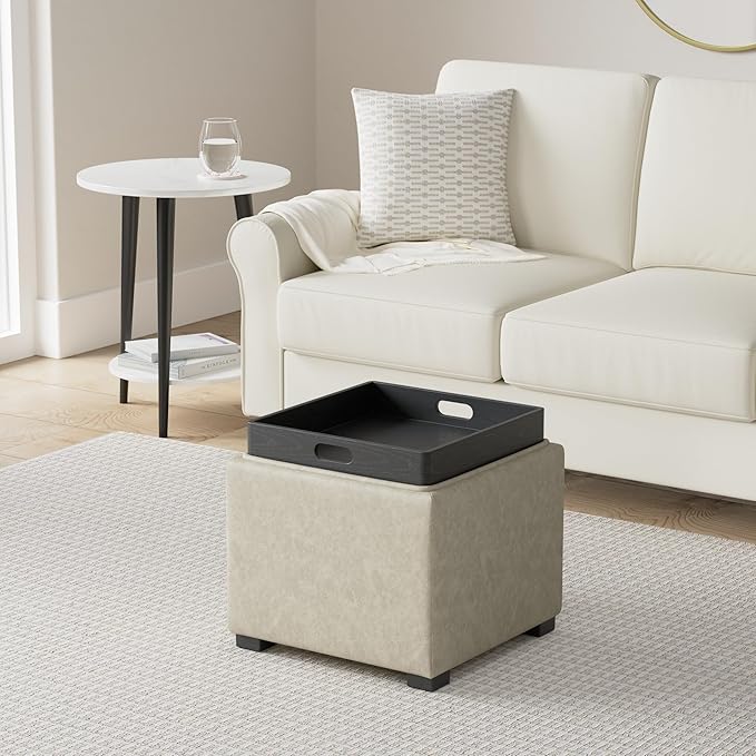 CHITA Storage Ottoman Cube with Tray Lid, Small Footstool with Storage, Square End Table for Living Room and Bedroom, Faux Leather in Stone Gray