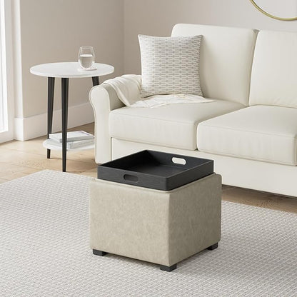 CHITA Storage Ottoman Cube with Tray Lid, Small Footstool with Storage, Square End Table for Living Room and Bedroom, Faux Leather in Stone Gray