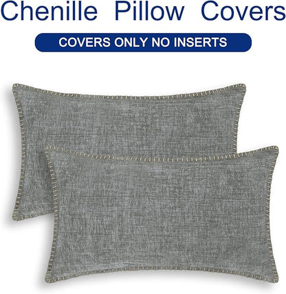 CaliTime Throw Pillow Covers Decorative 12 X 20 Inches Pack of 2 Cotton Thread Stitching Edges Solid Dyed Soft Chenille Cushion Cases for Couch Sofa Bed Living Room Farmhouse Medium Grey