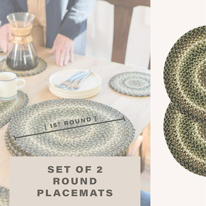 Homespice Pinecone Round Braided Placemats, Warm Country Rustic Decor, Set of 2, 15", Green Jute Table Mats - Vibrant Colors, Durable, Easy to Clean and Protects Furniture