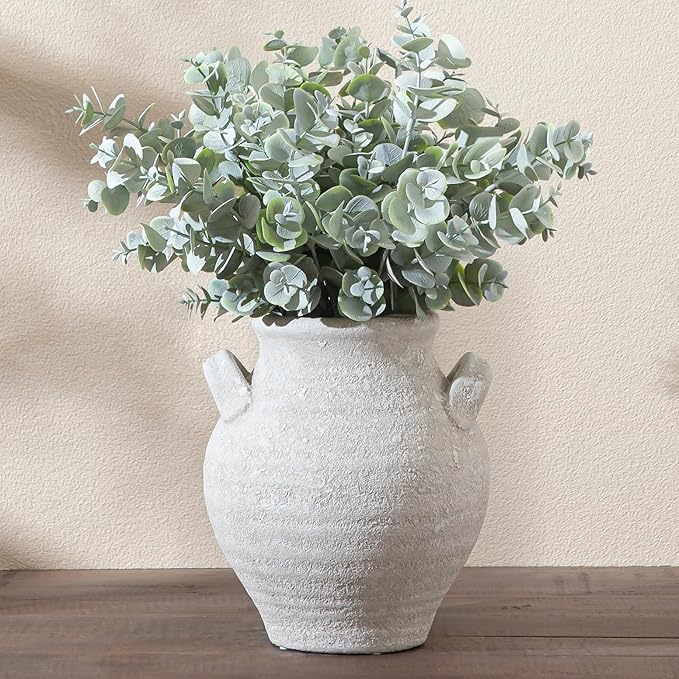 Ceramic White Flower Vase, 7.36 Inch Pottery Decorative Vase Rustic Farmhouse Vases for Home Decor Table Living Room Kitchen Bedroom Shelf Mantel Wedding Centerpiece