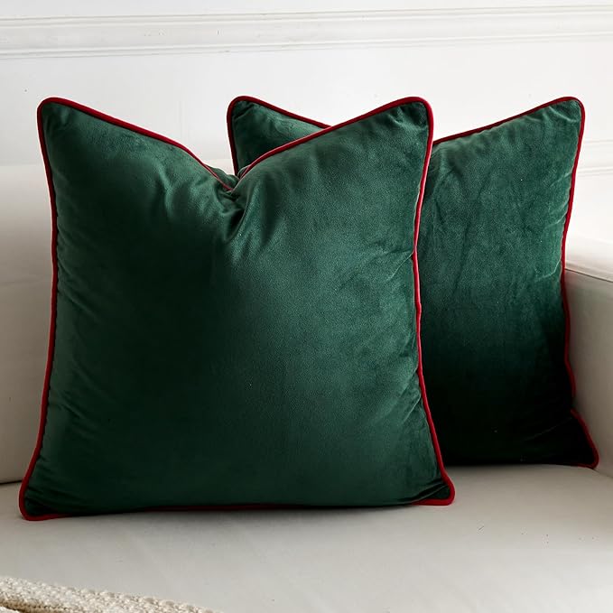 LIGICKY Set of 2 Christmas Dark Green Velvet Throw Pillow Covers Modern Minimalist Style Solid Decorative Red Rope Edging Soft Square Cushion Cases for Sofa Bedroom Party Décor, 18 x 18 inch