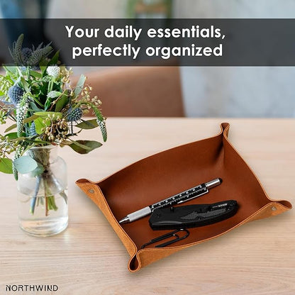 Northwind Personalized Leather Valet Tray – Custom Engraved Full Grain Leather Catchall Tray for Men, Handmade in USA Desk Organizer & Groomsmen Gift, Perfect Storage for Nightstand, Dresser