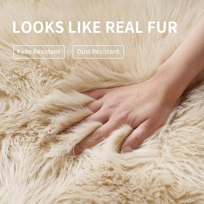 Faux Fur Rug, Beige Small Fluffy Rug for Sofa Chair Couch Cover 2x4 Feet, Ultra Soft Fuzzy Shag Rug for Bedroom, Indoor Shaggy Plush Floor Carpets Luxury Home Decor for Bedside