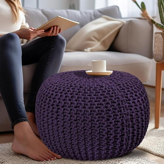 COTTON CRAFT Round Dori Pouf - Cotton Braid Cord Cable Knitted Ottoman - Foot Stool - Footrest - Floor Pouf - Woven Ottoman - Bean Bag - Living Room Dorm - 20 inches Diameter x 14 Height - Deep Plum