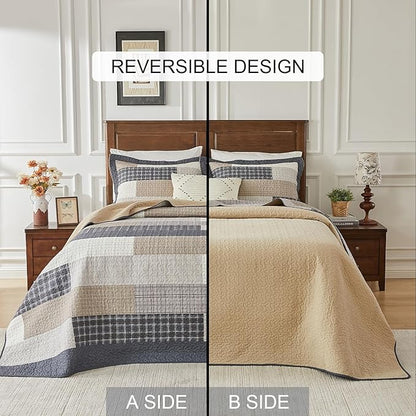 SahSahCasa 120"x102" 100% Cotton Oversized Queen Bedspread Coverlet Quilt Set, Patchwork Plaid Quilted Bedspread Extra Large Quilt, XL Bed Spread Lightweight Comforter, 3pc, Dark Slate Gray