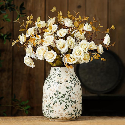 Green and Beige Vintage Vase, Chinoiserie Floral Vase, Rustic Ceramic Large Vases for Home Decors, Living Room, Bookshelf, Office, Grand Millennial Decor, Chinoiserie Decors, Tuscan Decor 7.8 Inch