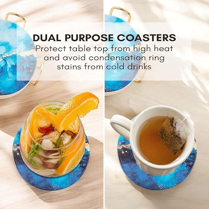Absorbent Coaster Set of 6 with Holder, Drink Coasters for Coffee Table, Kitchen, Home Decor, Cute Ceramic Round Coasters, Alternative to Silicone, Cork or Glass Coaster (Sapphire)