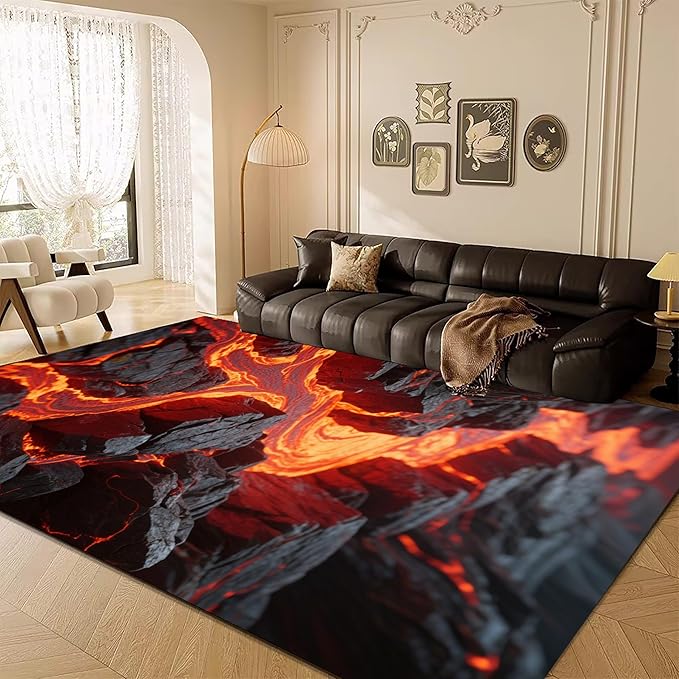3D Lava Crack Area Rug 2x3ft, Optical Illusion Huge Fissure Carpet, Non-Slip Washable Low Pile Mat for Living Room, Bedroom, Unique Home Decor & Gift Idea