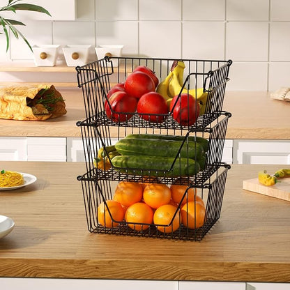 Slideep Wire Storage Baskets, Freezer Baskets Farmhouse Stackable Organizer Storage Bins Large Organizer for Storage, Office, Bathroom, Pantry Organization Storage with Handles 14" Black -Set of 3