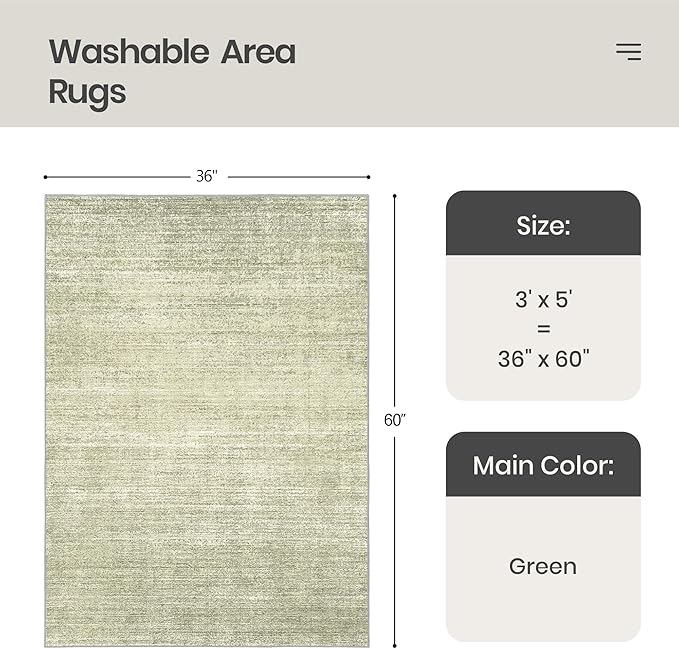 Valenrug Washable Rugs 3x5 - Stain Resistant 3x5 Area Rugs for Living Room, Non Slip Backing Printed Rugs for Bedroom, Folable Machine Washable Area Rug(3'x5', Green)
