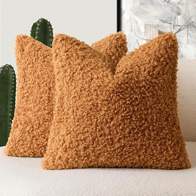 Foindtower 2 Pieces 18x18 Inch Orange, Faux Fur Throw Pillow Cover Accent Sherpa Furry Pillow Covers Fuzzy Soft Pillowcases Cozy Sheepskin Decorative Fleece Cushion Case for Bed Couch Living Room