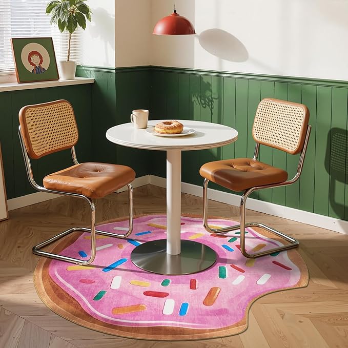 JINCHAN Cute Round Rug 3ft Strawberry Donut Fun Rug Washable Playroom Mat Sweet Dessert Circle Cool Rug Non Slip 3' Round Soft Cozy Pink Doormat Small Funky Gift for Girls Kids Toddler Nursery Bedroom