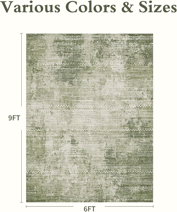 6x9 Area Rugs for Living Room Non Slip Machine Washable Rug Distressed Abstract Soft Indoor Carpet Neutral Boho Rug for Bedroom Dining Room Playroom Office, Green