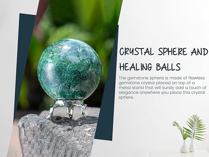 Crocon 35mm Green Aventurine Stone Sphere Ball with Metal Stand 1400+ Carats Gemstone Ball Healing Sphere Sculpture Figurine for Fengshui Divination Home Decoration Photography Crystal Sphere