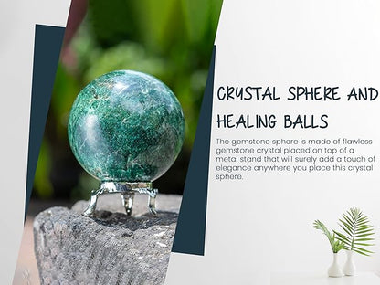 Crocon 35mm Green Aventurine Stone Sphere Ball with Metal Stand 1400+ Carats Gemstone Ball Healing Sphere Sculpture Figurine for Fengshui Divination Home Decoration Photography Crystal Sphere