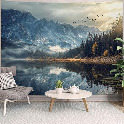 kampdream Lake Scenery Tapestry, Misty Mountains and Pine Forest Wall Hanging, Nature Home Decor for Bedroom and Living Room Wall Art Decoration