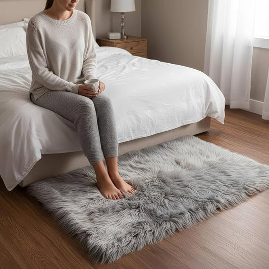 4 x 6 ft Fluffy Gray Rug – Cozy Faux Fur Rug for Bedroom, Living Room, or Nursery – Soft Faux Sheepskin Decor Accent