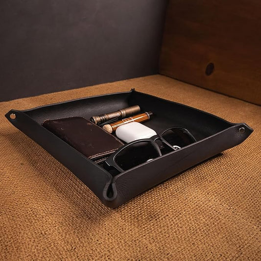 Valet Tray – Full-Grain Leather Catchall Organizer for Keys, Phone & Wallet – Rustic Nightstand & Desk Tray with Raised Sides – Handmade in USA (Black, Medium Square)