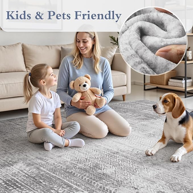 6x9 Area Rugs for Living Room Non Slip Machine Washable Rug Distressed Abstract Soft Indoor Carpet Neutral Boho Rug for Bedroom Dining Room Playroom Office, Grey