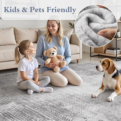 6x9 Area Rugs for Living Room Non Slip Machine Washable Rug Distressed Abstract Soft Indoor Carpet Neutral Boho Rug for Bedroom Dining Room Playroom Office, Grey