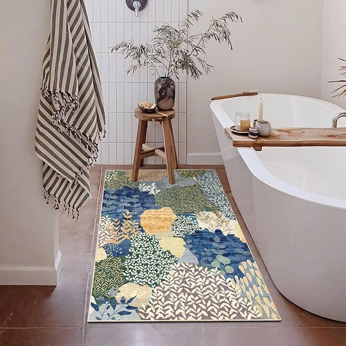 DEXDE 2x3 Area Rug, Small Boho Rugs Entryway Doormat Indoor Machine Washable Non-Slip Abstract Botanical Leaves Floral Print Floor Carpet for Living Room, Bedroom, Office, Kids Playroom,Blue