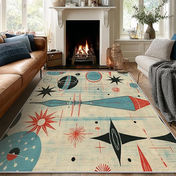 Mid Century Rug 7x9 Retro Abstract Atomic Starburst Pattern, Washable Living Room Bedroom Area Rugs, Mid Century Decor for Home, Soft Non Slip Indoor Carpet, Low Pile Design & G867