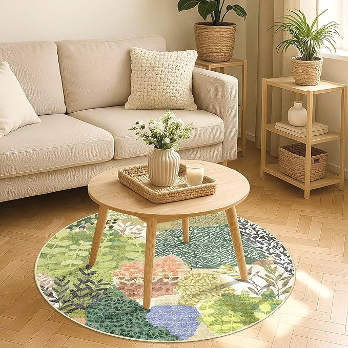 DEXDE Round Rug 4ft Washable Circle Area Rugs Non Slip Low Pile Boho Floral Small Circular Carpet for Bedroom Bathroom Entryway Kids Room Office Dining Room,Green