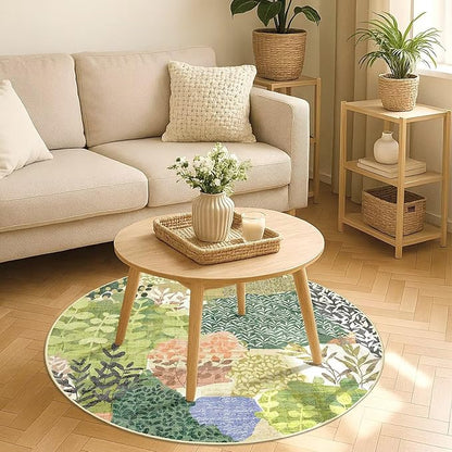 DEXDE Round Rug 4ft Washable Circle Area Rugs Non Slip Low Pile Boho Floral Small Circular Carpet for Bedroom Bathroom Entryway Kids Room Office Dining Room,Green