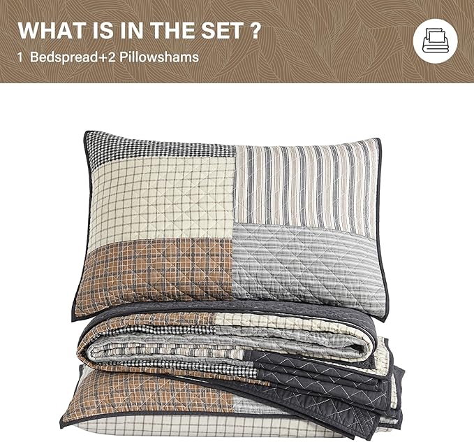 SahSahCasa 100% Cotton 120"x102" Oversized Bedspread Coverlet Quilt Set Queen Size, Queen Quilted Bedspread Extra Large Quilt, Patchwork XL Bed Spread Lightweight Comforter, Brown/Cream/Gray