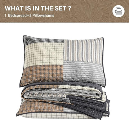 SahSahCasa 100% Cotton 120"x102" Oversized Bedspread Coverlet Quilt Set Queen Size, Queen Quilted Bedspread Extra Large Quilt, Patchwork XL Bed Spread Lightweight Comforter, Brown/Cream/Gray