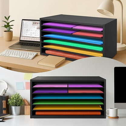 PROLEE Construction Paper Organizer 20" x 13.5" x12.2",Soild Wooden Paper Organizer with 6-Tier Letter Trays, Desktop File Papers Sorter for Home, Classroom and Office (Black)