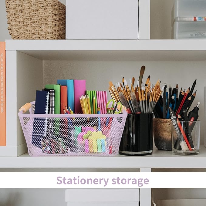 PTSGCAI 2Pack Metal Mesh Steel Basket with Bamboo Handle - Wire Metal Basket for Kitchen Organization, 12" Wide Food Organizer Bin, Perfect for Organizing Bulk Pantry (Purple)