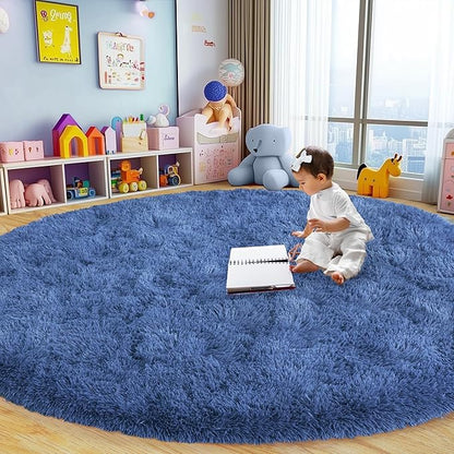 Round Fluffy for Bedroom Rugs, 4Ft Navy Blue Shag Circle Rug Non-Slip for Kids Girls Boys Bedroom Dorm Nursery Playroom, Soft Cute Area Rugs for Living Room Decor