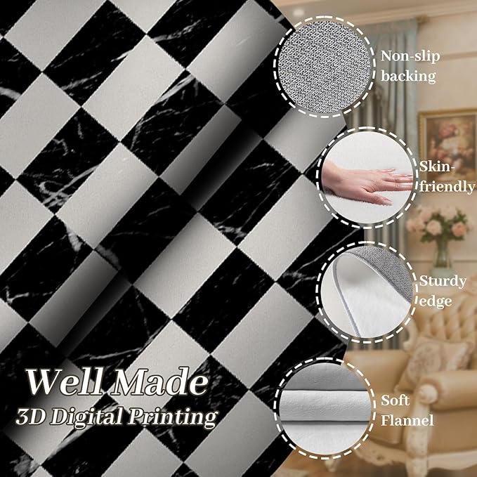 Grey Black Checkered Kitchen Hallway Carpet, 2x8ft, Abstract Black Marble Indoor Decor Washable Rugs, Durable Soft Cozy Non Slip Rug, Breathable Non Shedding Mats for Front Porch