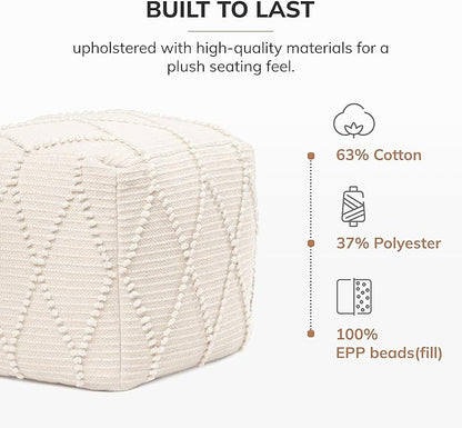 Anji Mountain 100% Handmade & Handcrafted Comfortable Home Décor Pouf Ottoman Footrest for Living Room, Bedroom, Nursery, Kidsroom, Patio Furniture - (19" x 19" x 17"- Ivory)