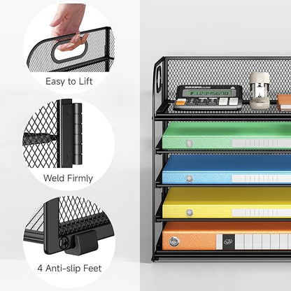 2 Pack 5-Tier Paper Organizer Letter Tray with Handle - Black Mesh Desk Paper Sorter File Organizer for Office, Home or School File Folder Holder