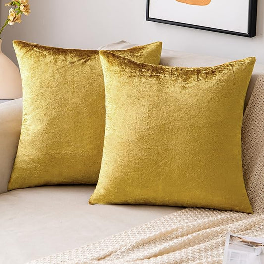 EMEMA Fall Bright Gold Velvet Throw Pillow Covers 20x20 Inch Set of 2 Decorative Square Pillowcase Soft Solid Cushion Case for Couch Sofa Bed Bedroom Livingroom